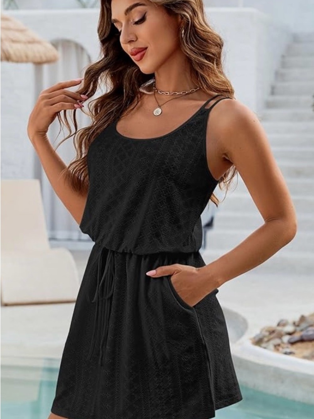 NWT Black Sleeveless Drawstring Waist Beach Dress